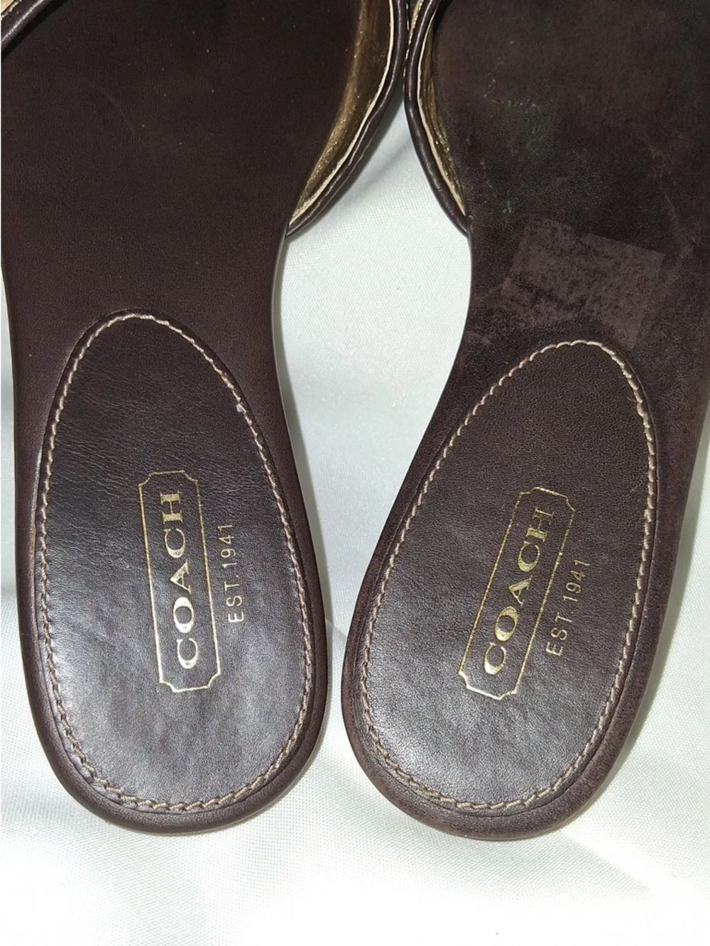 COACH Brown & Beige Leather Buckle Woven Flat Slide Sandals Size: 8.5
